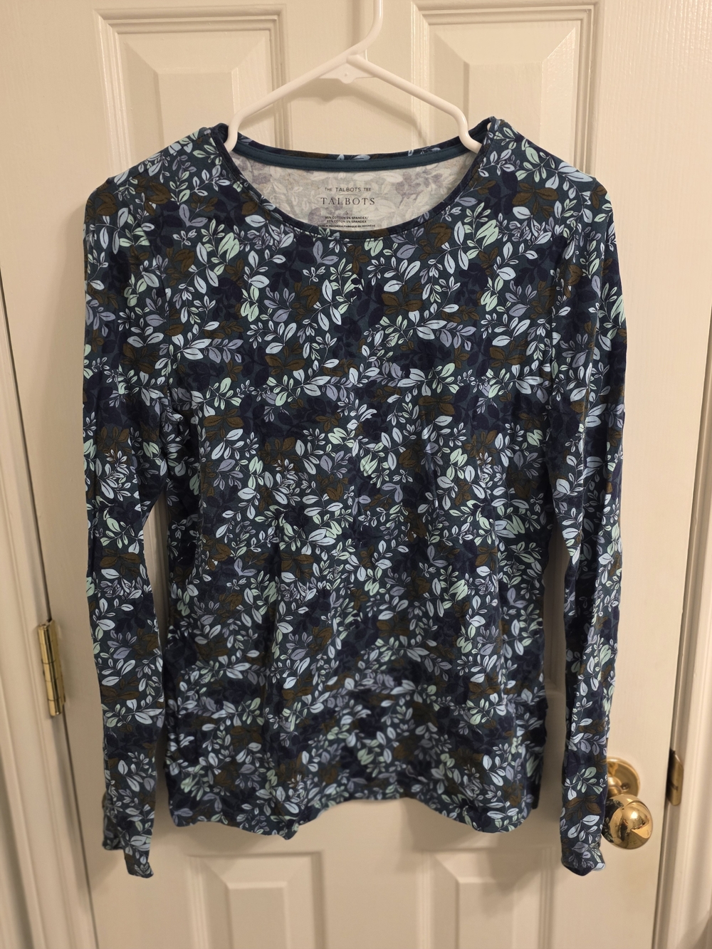 Talbots Women's Navy Blue Leaf-Print Long-Sleeve Top